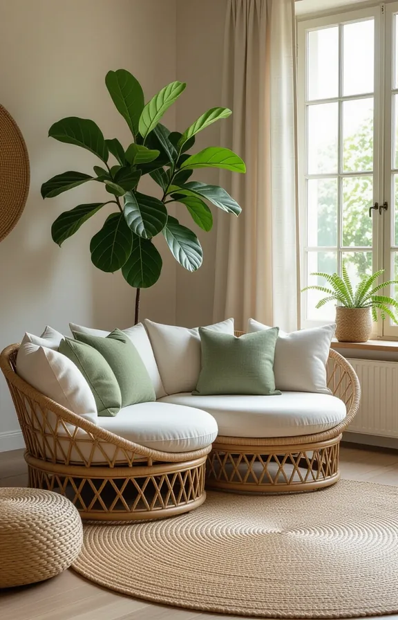 prominent circular sofa made from natural rattan with