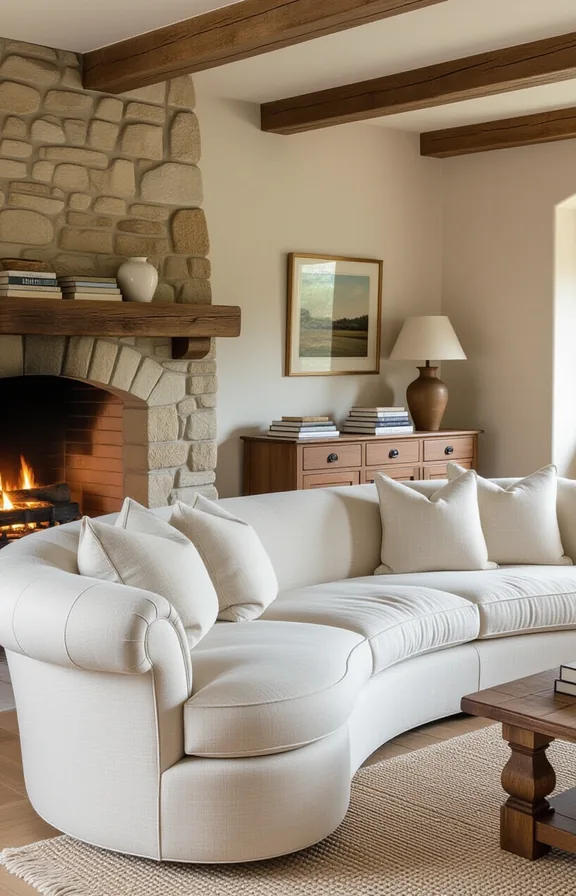 Medium shot large curved sofa cream linen fabric