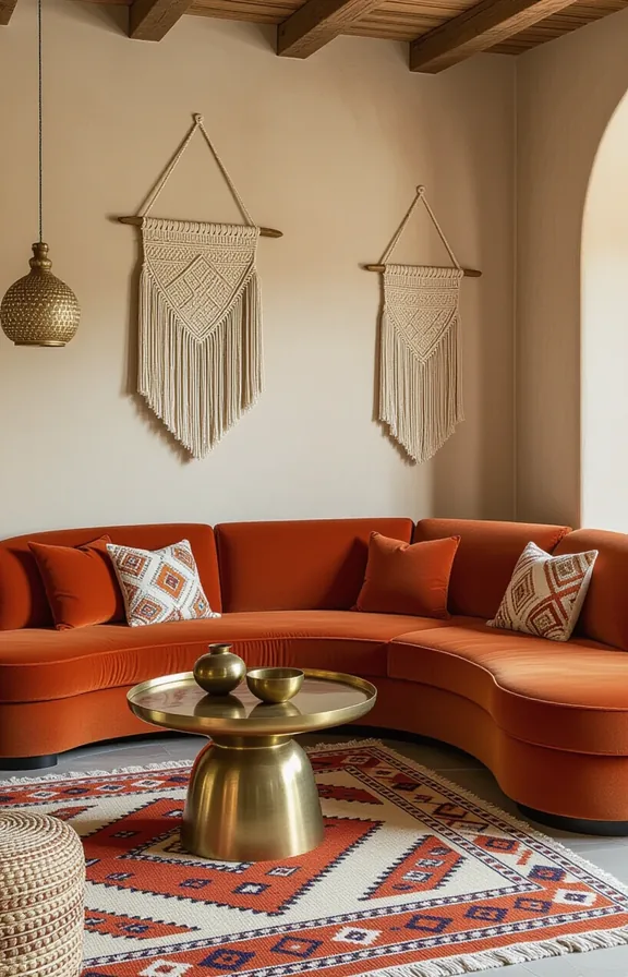 Wide 3/4 view curved velvet sofa burnt orange
