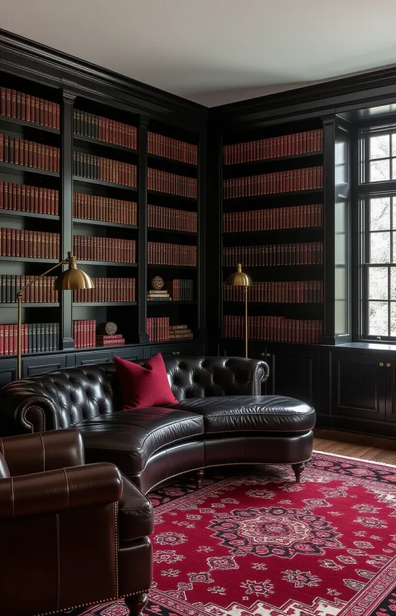 Medium shot deep charcoal curved sectional library corner