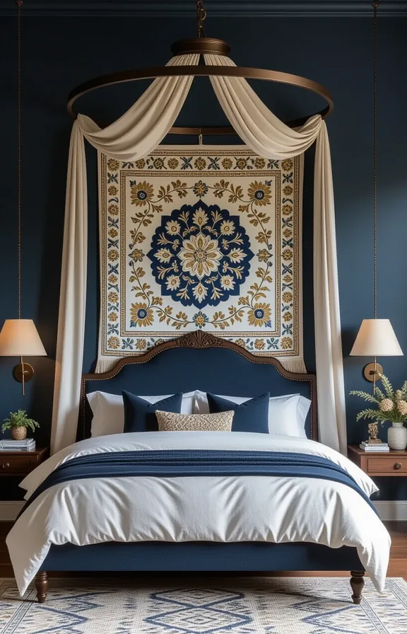 Medium shot bed against plain dark slate blue