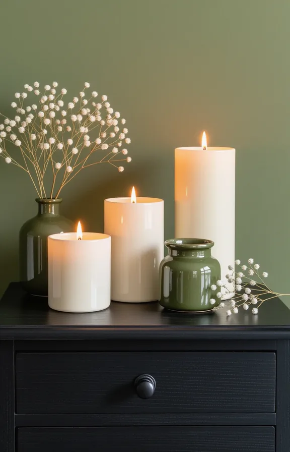 dark wooden dresser against dark olive green painted
