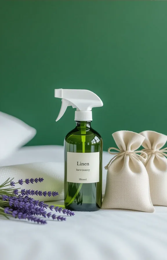 Close medium shot linen spray bottle and herb