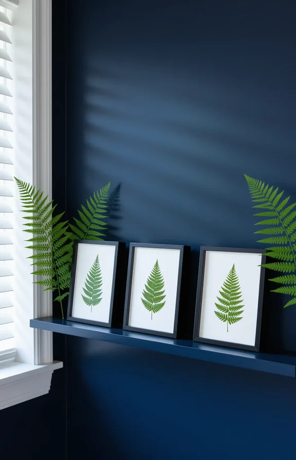 Medium shot plain dark navy painted bedroom wall.