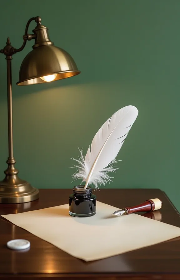 dark wood writing desk against dark sage green
