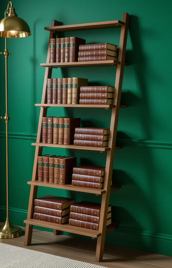 Medium shot freestanding wooden ladder shelf against dark