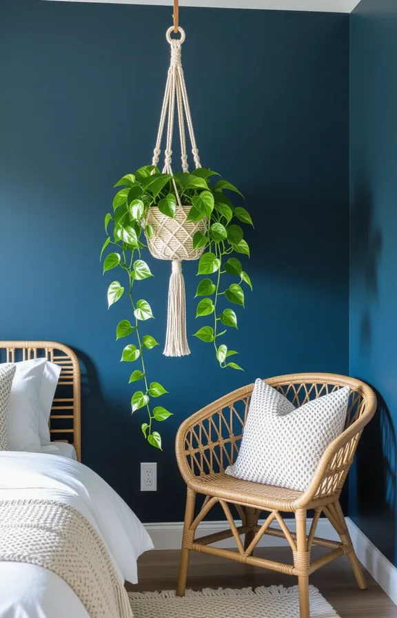 3/4 view bedroom corner with dark slate blue