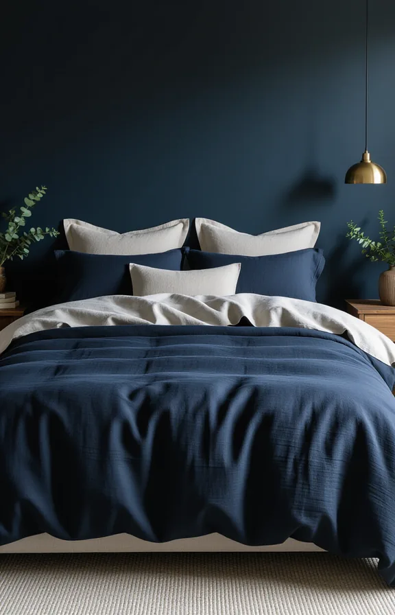 bed bedroom with deep slate blue painted walls.