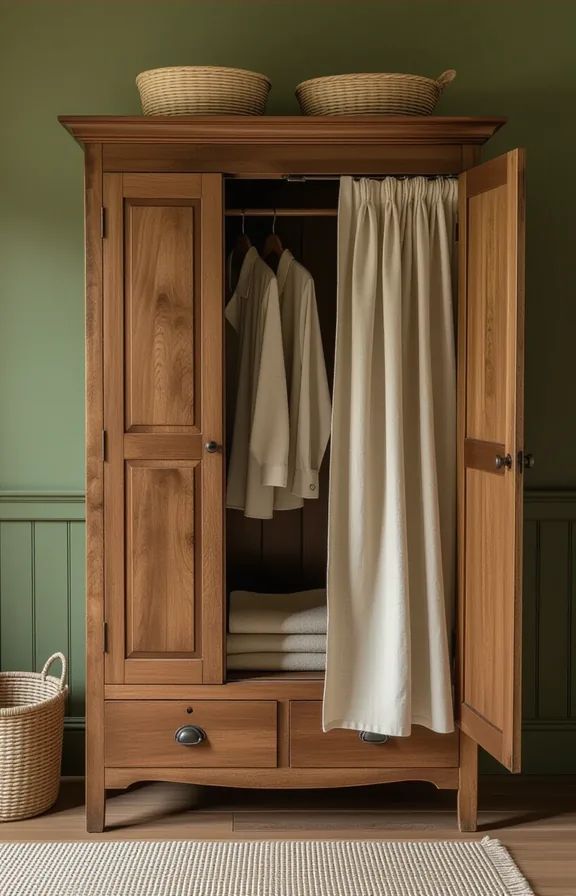 Medium shot freestanding antique-style wooden wardrobe against dark