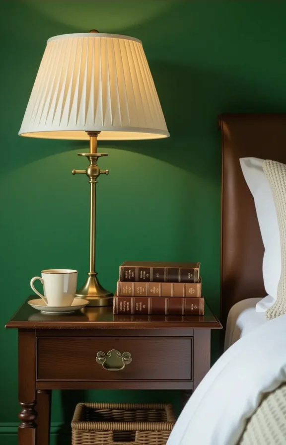 dark emerald green painted bedroom with simple wooden