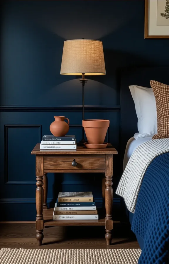 Medium shot bedroom corner with dark navy painted