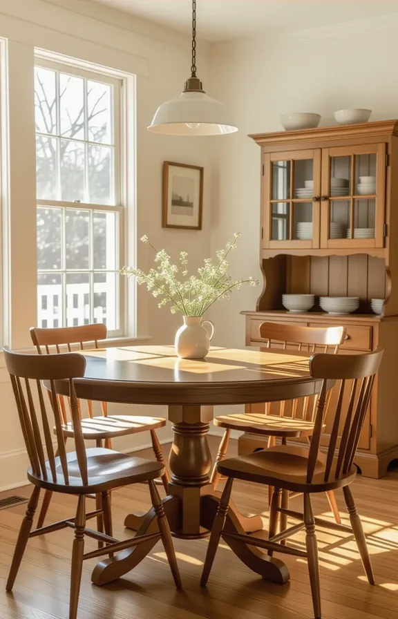 warm honey oak dining table set for two