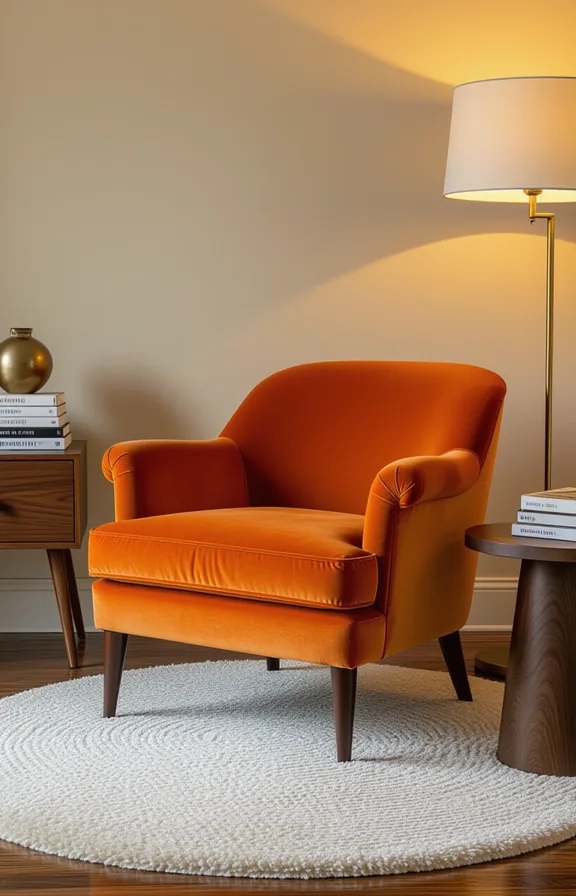 3/4 view single burnt orange velvet armchair corner