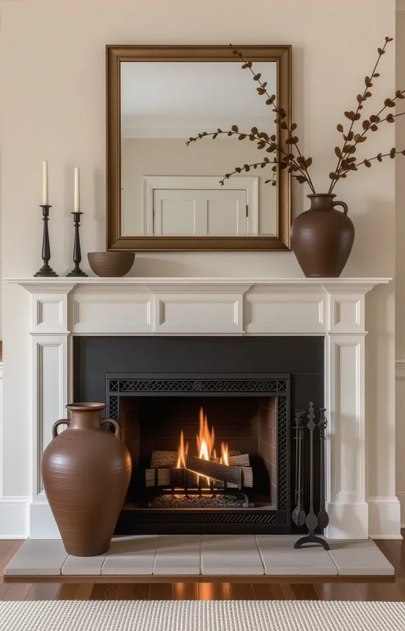 Medium shot fireplace mantel styled with large brown