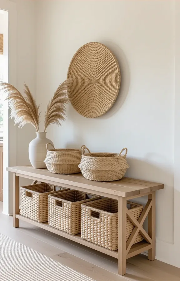 collection natural rattan and seagrass baskets under console