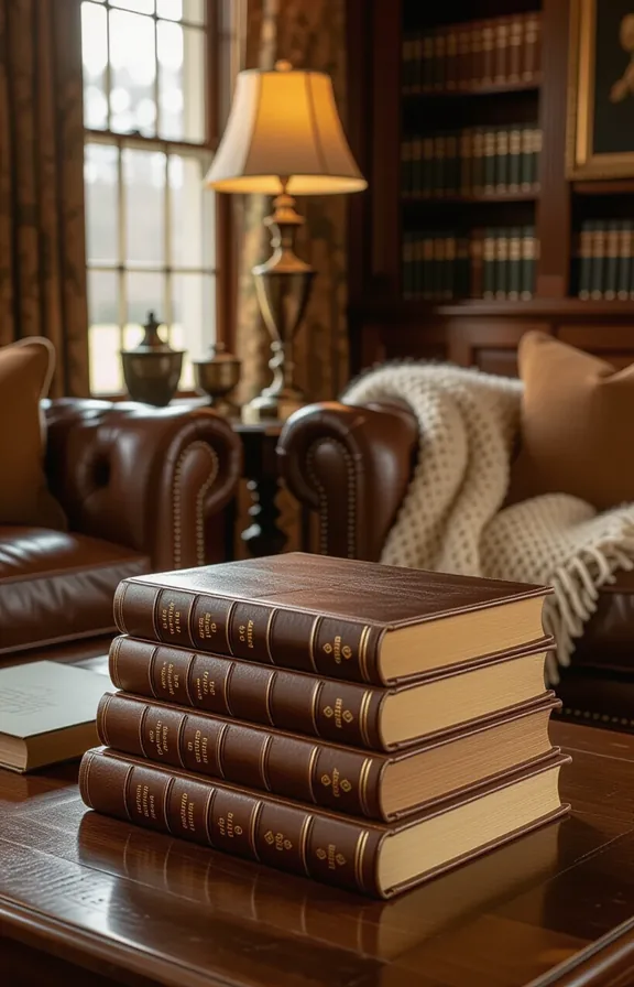 3/4 view stack leather bound books wooden coffee