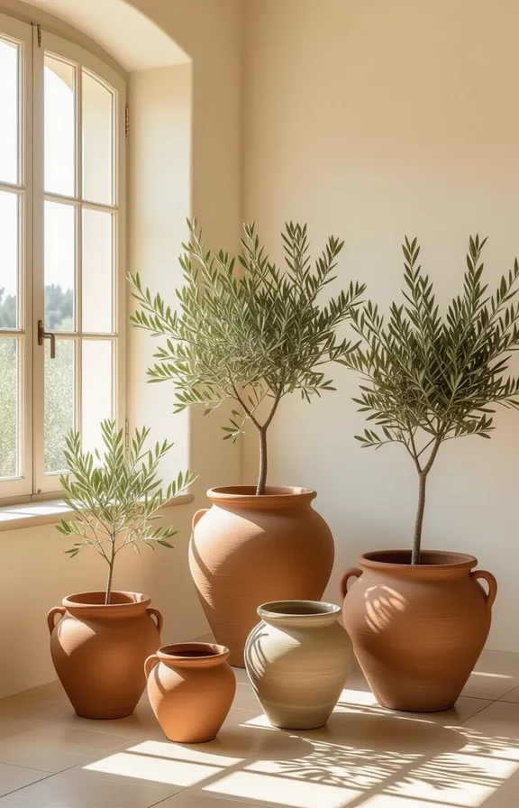 Medium shot grouping terra cotta planters with olive