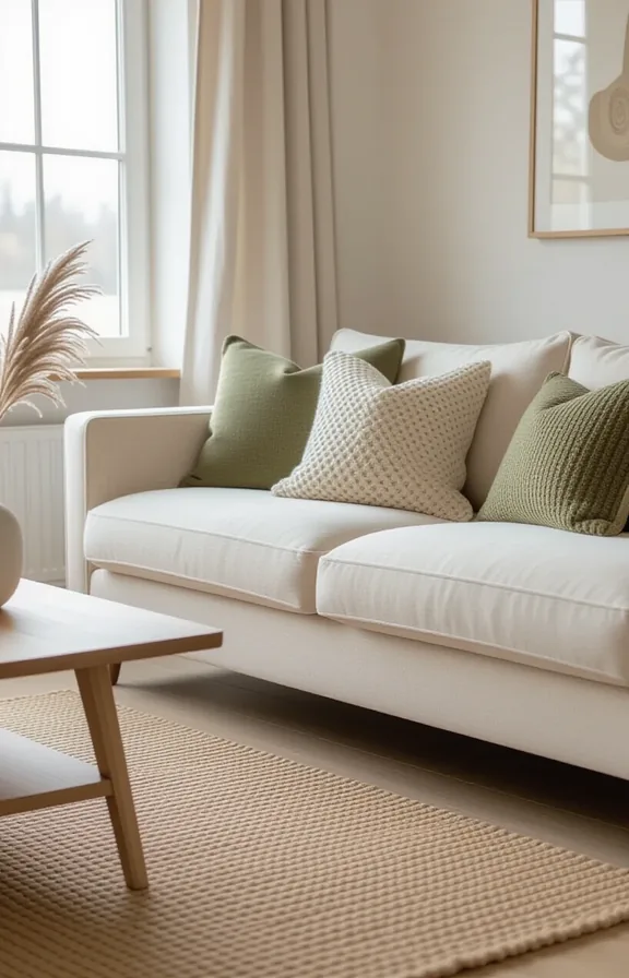 Medium shot plush wool sofa soft oatmeal colour