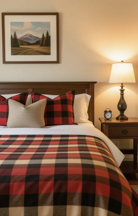 3/4 view neatly made bed with thick buffalo