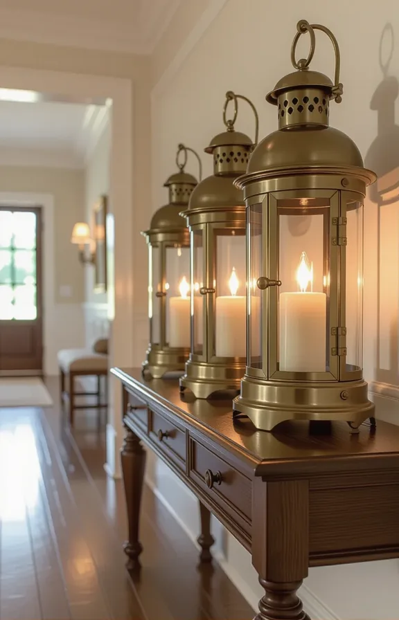 cluster aged brass lanterns wooden console room context