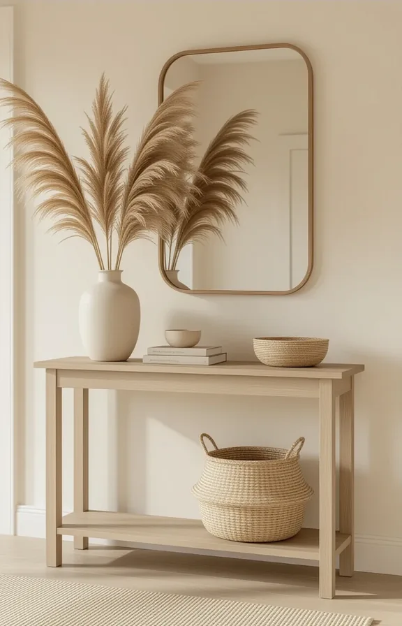 Medium shot console table entryway with tall vase