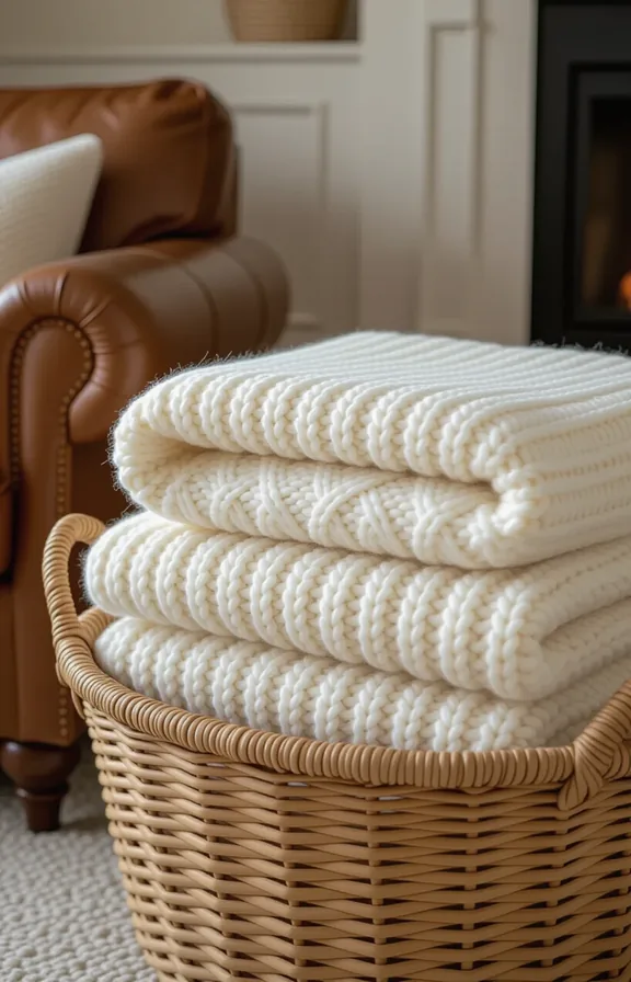 stack chunky cream knit blankets large woven basket