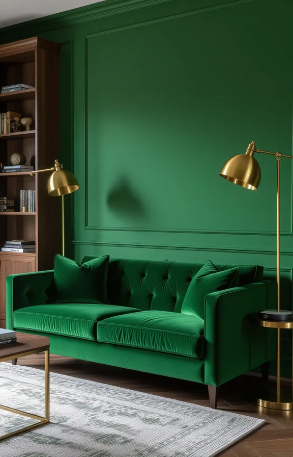 3/4 view deep forest green painted wall behind