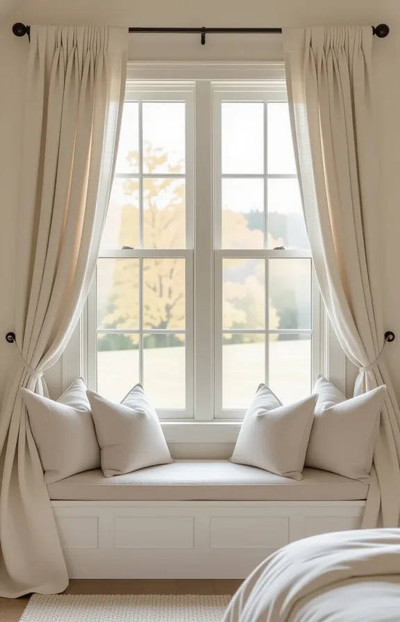 window seat dressed with soft linen curtains and