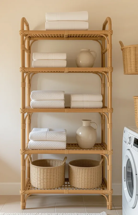 Eye-level medium shot slim freestanding rattan shelf unit