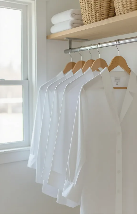 Eye-level medium shot crisp white linen garment covers