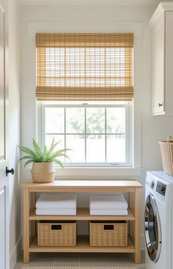 Eye-level wide shot bamboo blind roman shade tension