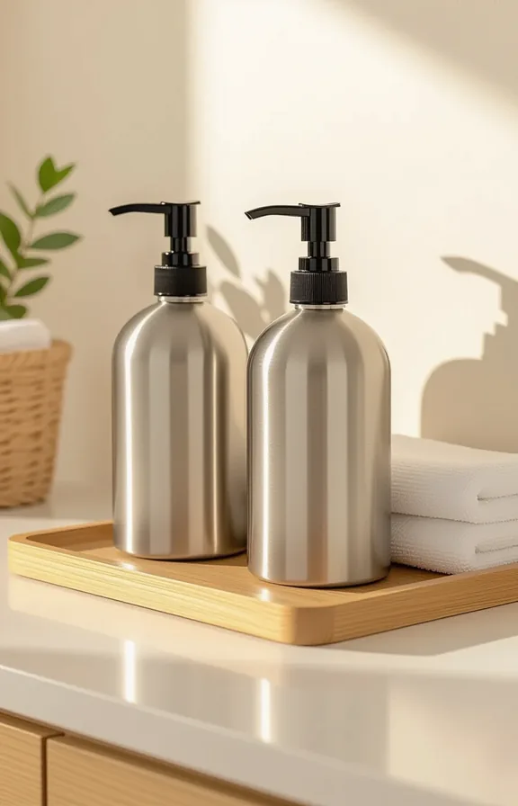 Eye-level medium shot two stainless steel pump dispensers