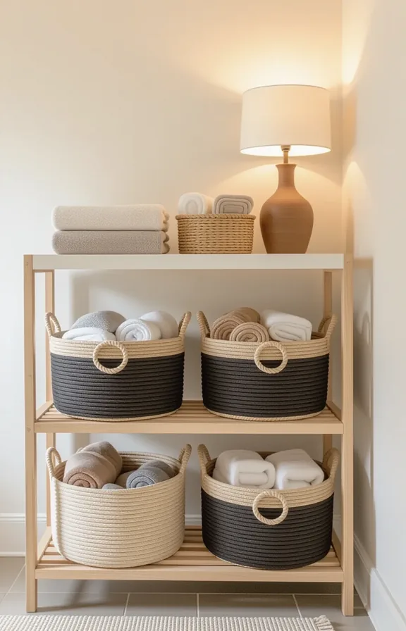 3/4 view medium shot two round storage baskets