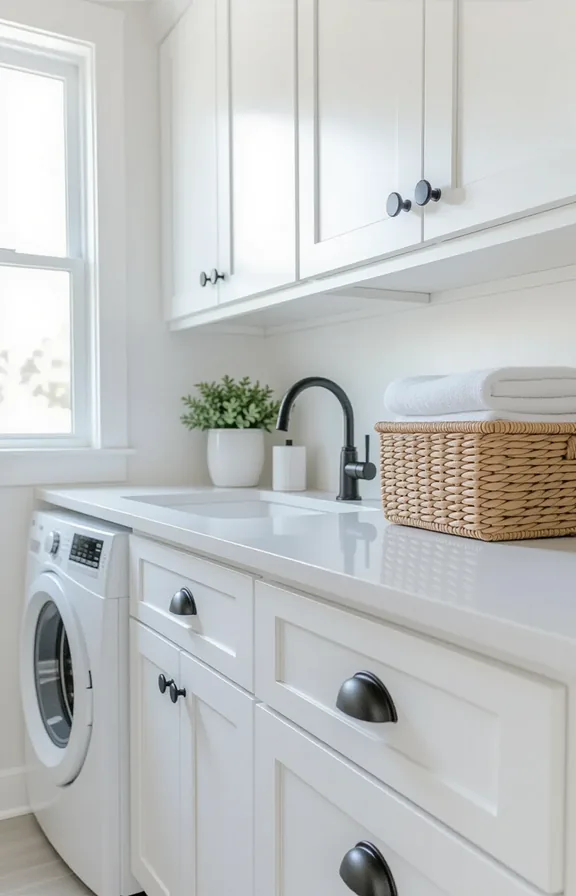 Eye-level close medium shot matte black cabinet knobs