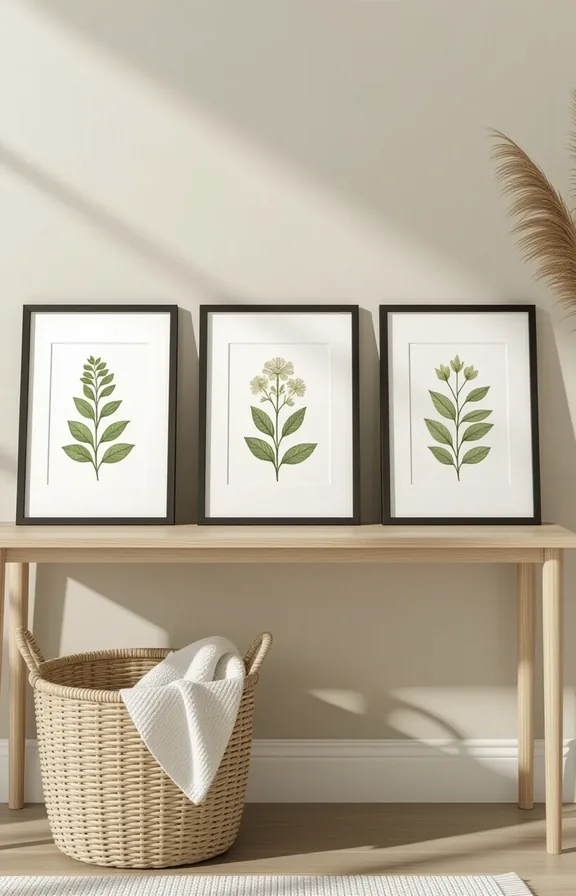 Eye-level medium shot three matted botanical art prints