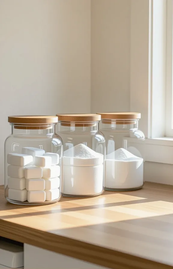 3/4 view medium shot trio clear glass canisters
