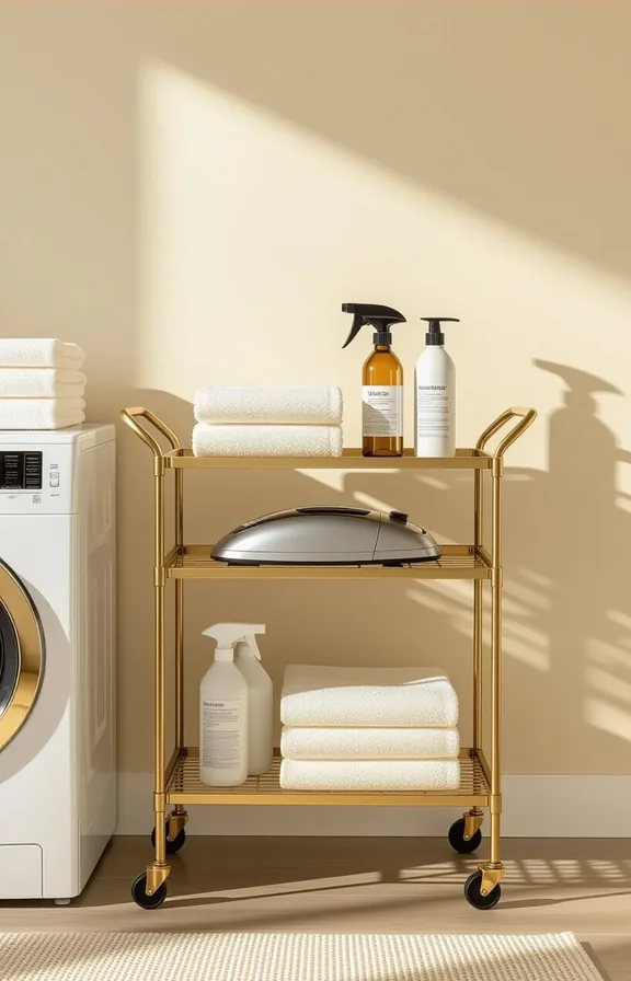 Eye-level medium shot compact gold-tap bar cart used