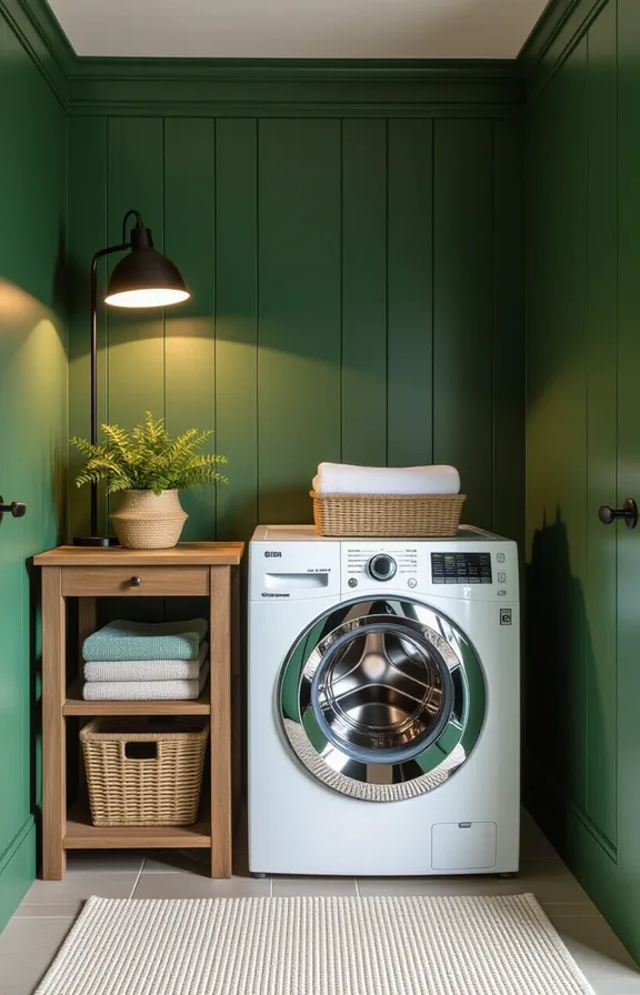 Eye-level wide shot laundry nook with deep green