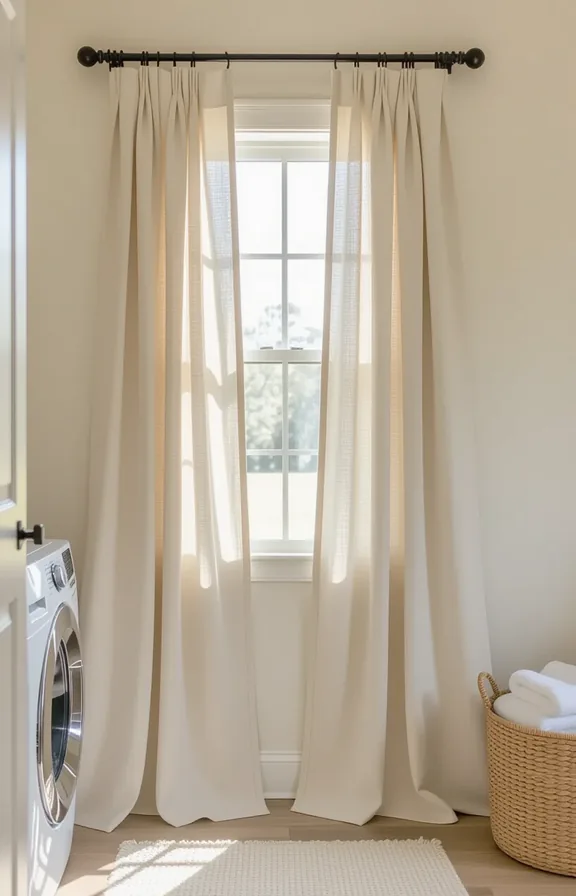 3/4 view wide shot floor-length ironed linen curtain
