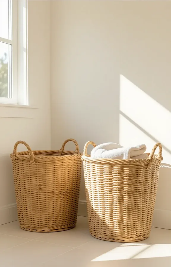 Medium shot open weave wicker laundry baskets plain