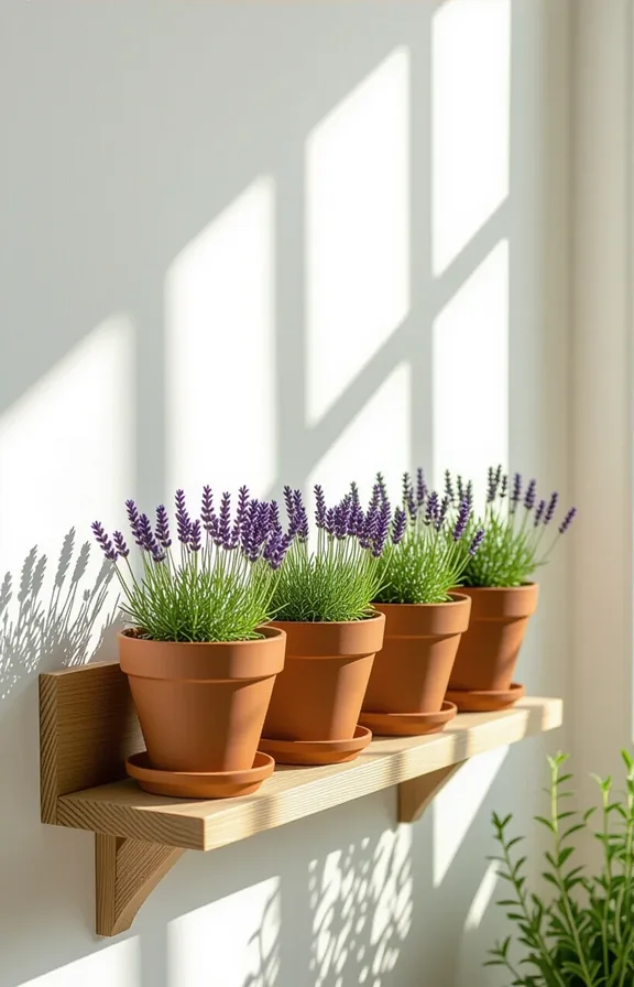 Medium shot small wall-mounted wooden rack holding terracotta