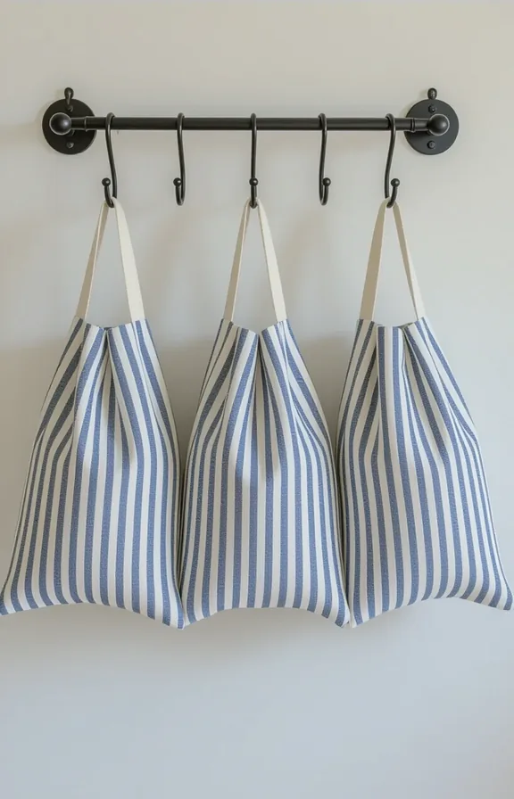 Three-quarter view ticking stripe linen laundry bags hanging