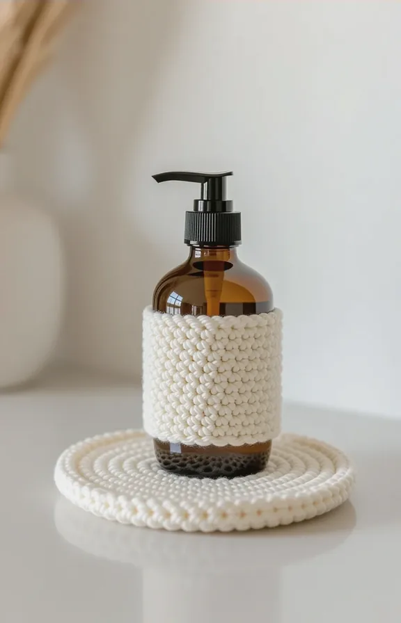 Medium shot small crocheted cotton coaster placed countertop