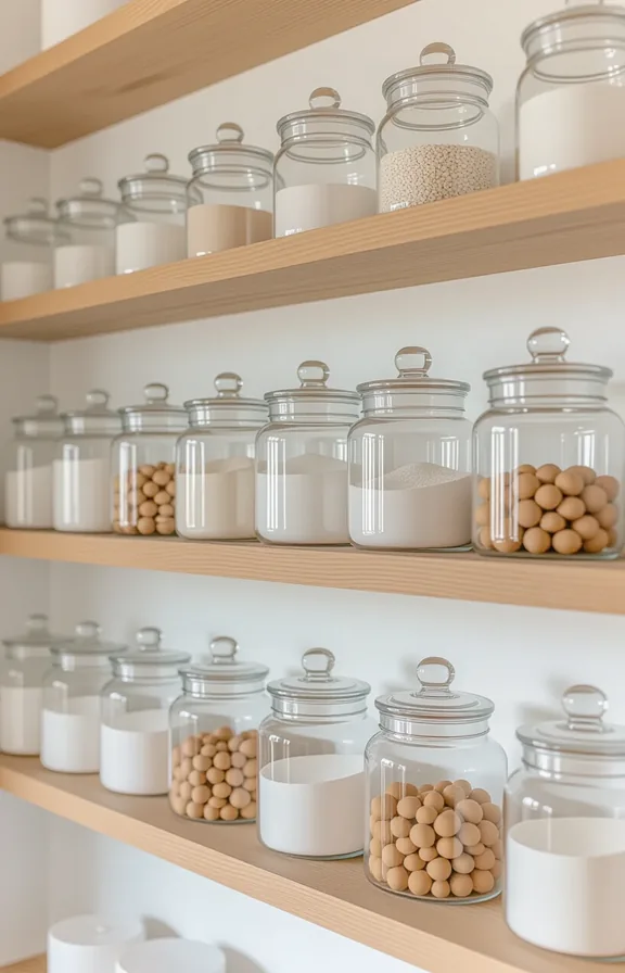 Wide shot set clear glass apothecary jars filled