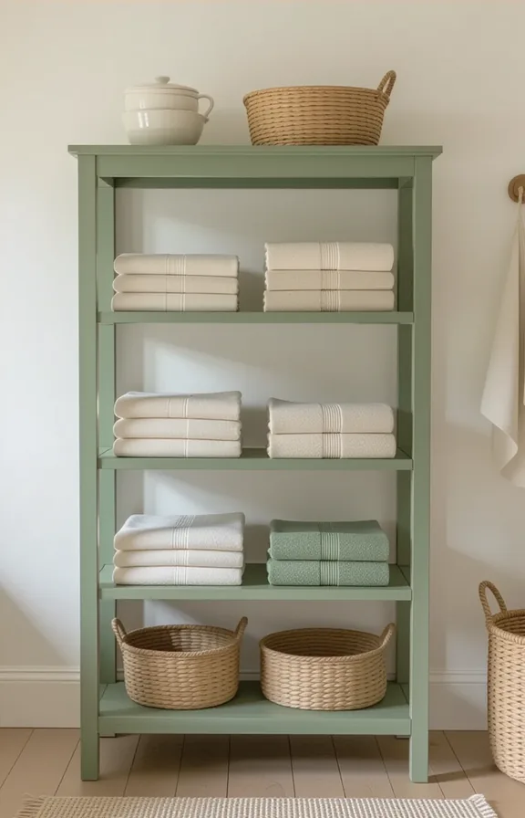 Medium shot freestanding shelving unit painted muted sage