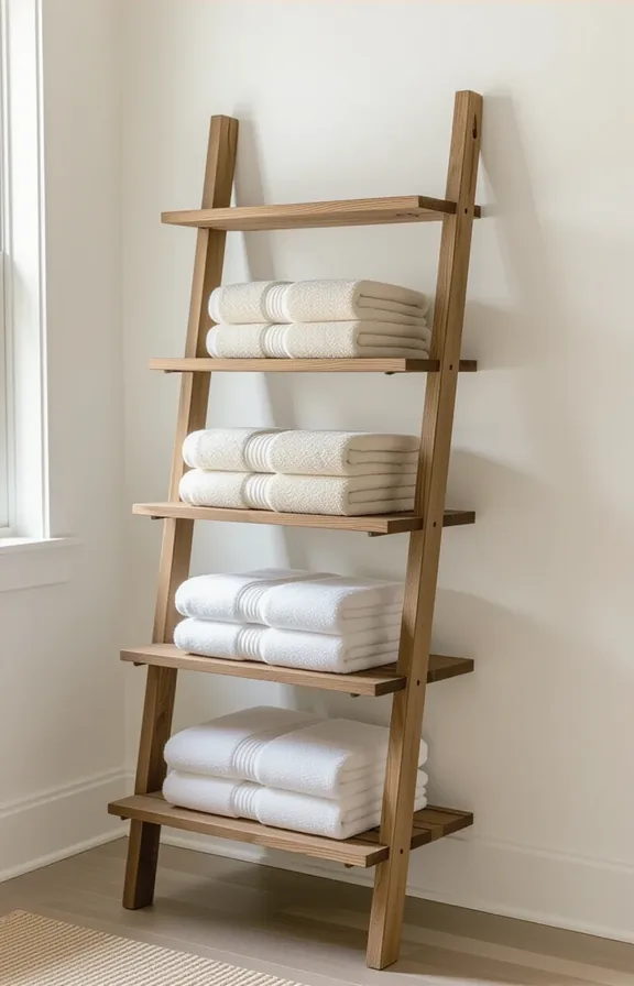 Three-quarter view freestanding rustic wood ladder shelf against