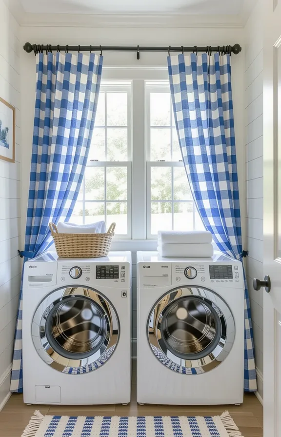 Eye-level view washer and dryer with gingham linen