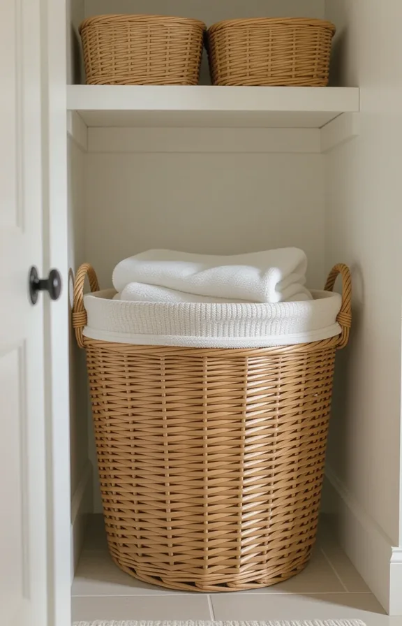 Wide shot large aged wicker hamper tucked into