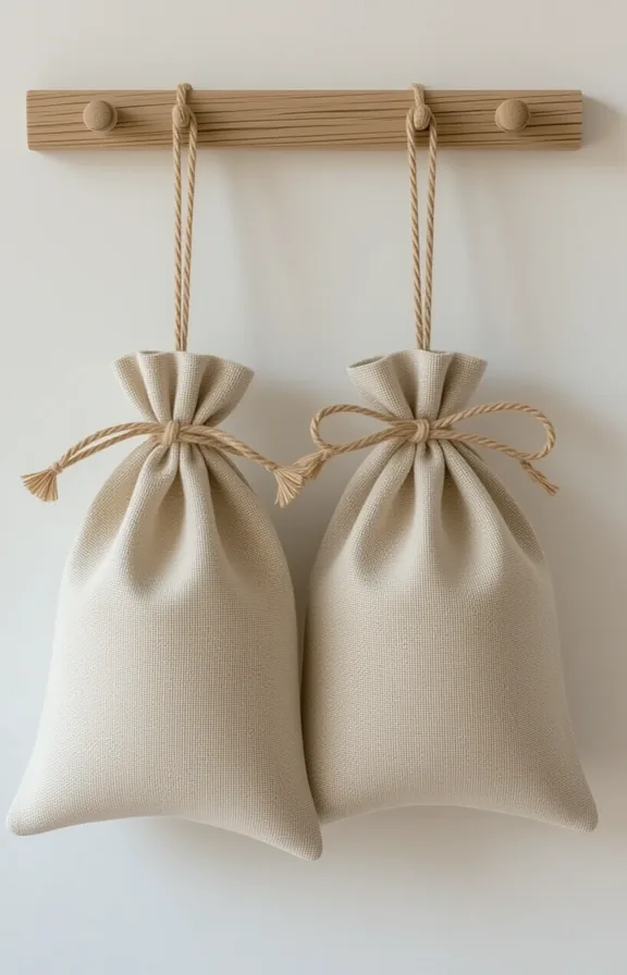 three-quarter view flax linen drawstring storage pouches hanging