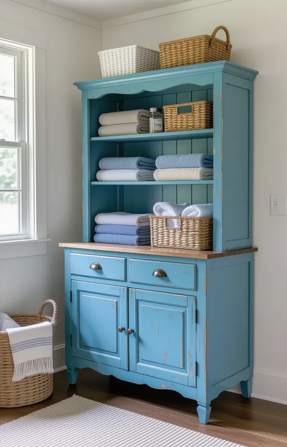 Three-quarter view freestanding distressed blue painted cabinet holding